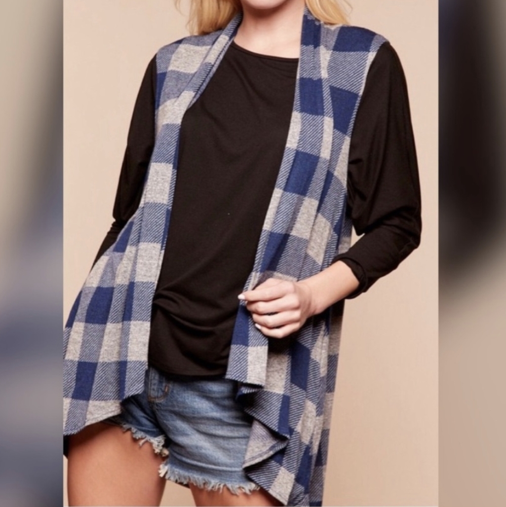 NEW Haptics by Holly Harper Blue Buffalo Plaid Sleeveless Waterfall Open Vest